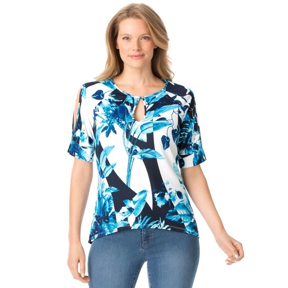 ESSENTIALS By Milano 2X Blue Floral Hi-Lo Hem Top - Picture 7 of 8